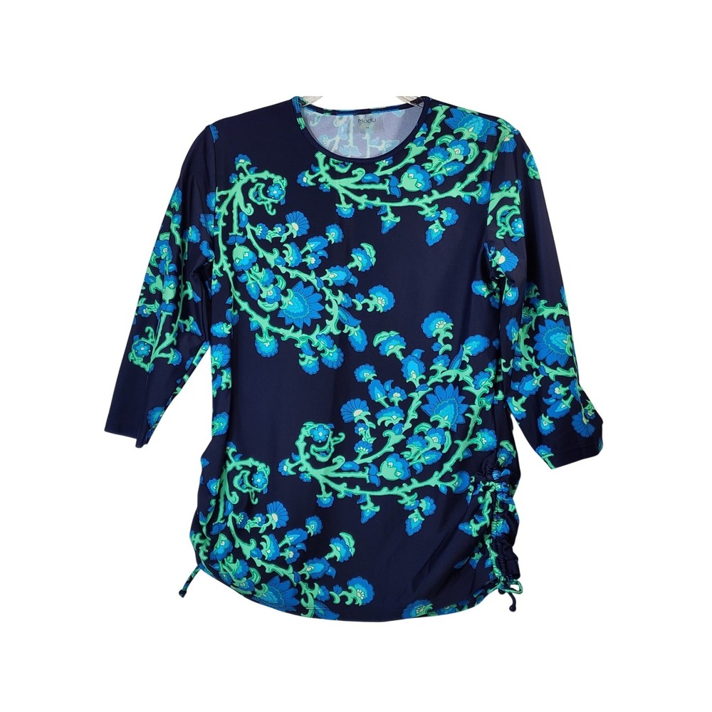 ModLi Calypsa Rash Guard Swim Top M Barbados Blue Green Floral Modest Sun Ruched